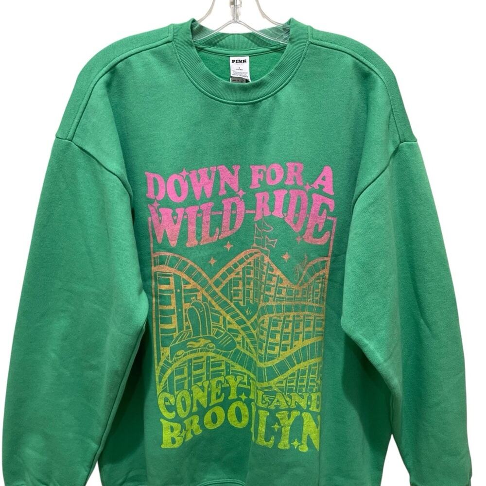 Victoria’s Secret Pink Coney Island Fleece Crewneck Sweatshirt Green Size Medium - Picture 6 of 11